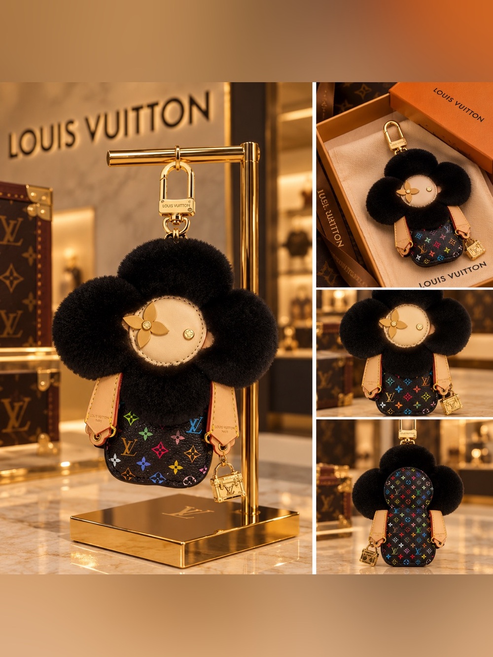 Black Fur Flower Key Charm with Multicolor Monogram